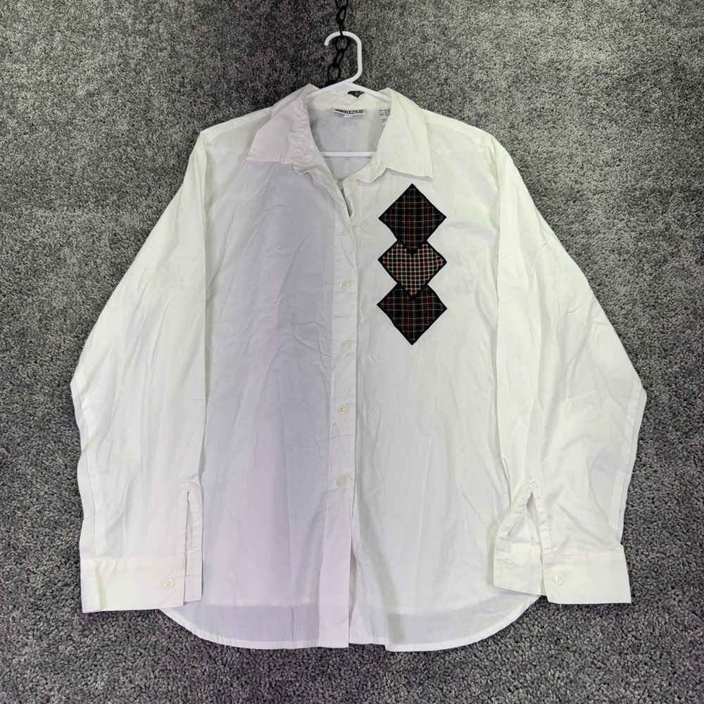 Russ Shirt Womens Large White Plaid Long Sleeve Button Up Diamond Applique